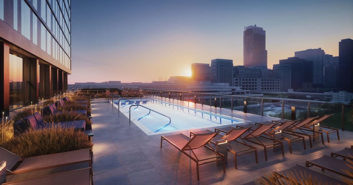The Reed Apartments outdoor pool at dusk - Chicago, IL